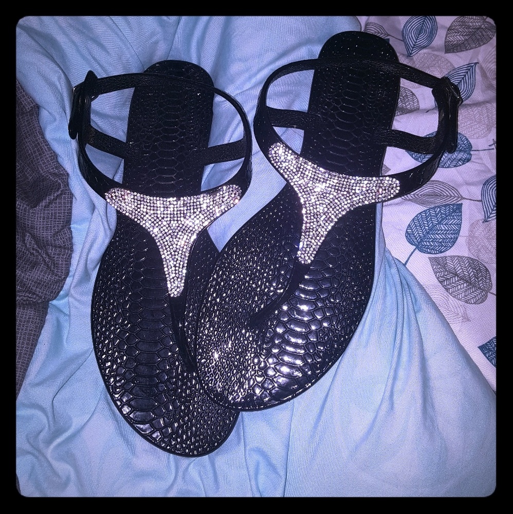 black textured rubber sandals with rhinestones